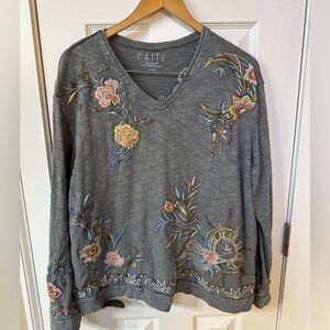 Caite Womens L Embroidered Handmade Floral Pullover Top Sweater Boho Cottagecore